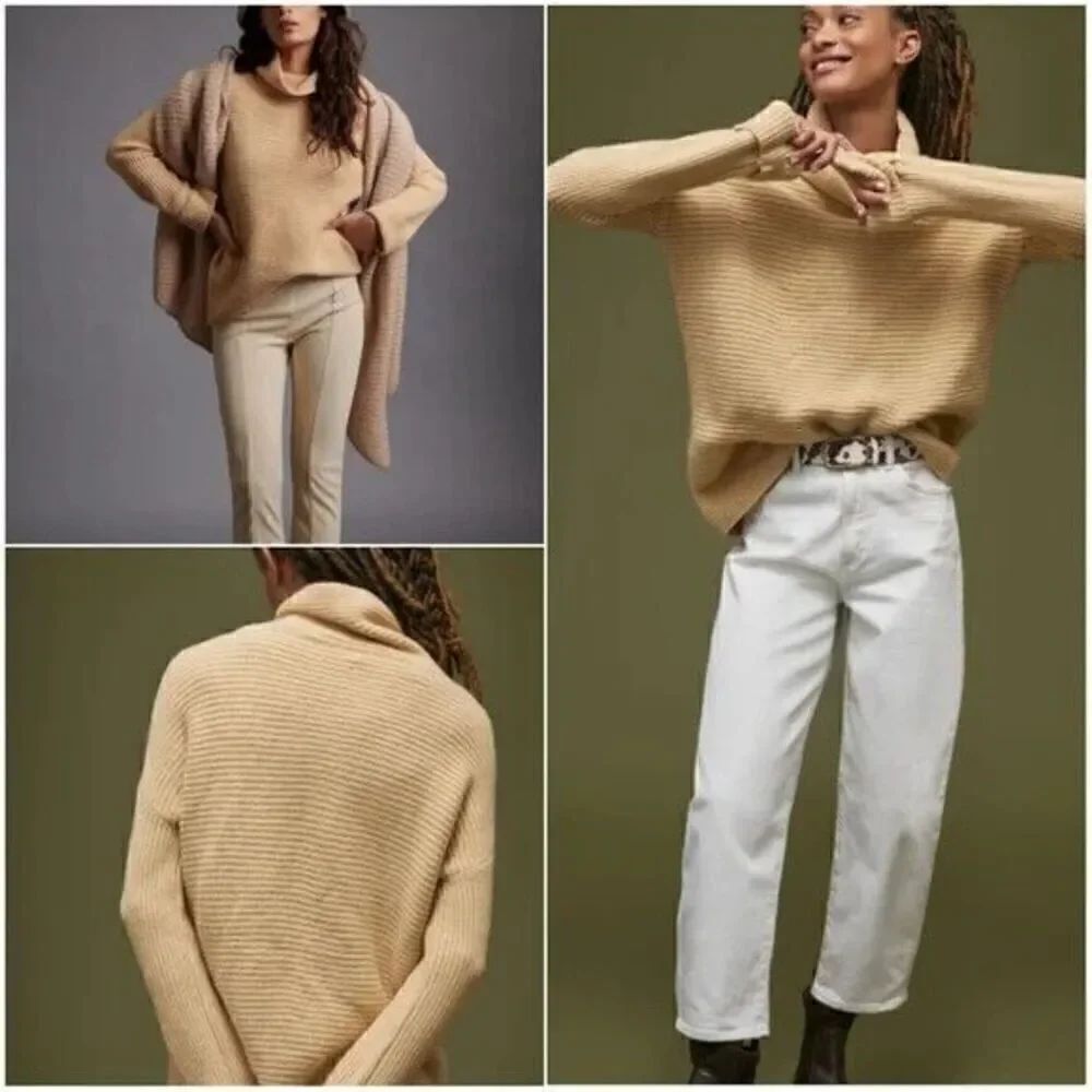 Pilcro Anthropologie Womens Chunky Ribbed Knit Sweater Size MP Tan Cowl Neck